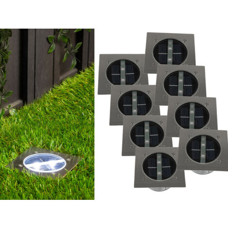 Solar LED Bodeneinbaustrahler 8er SET für Außen, Edelstahl 4-eckig 10x10cm, IP67