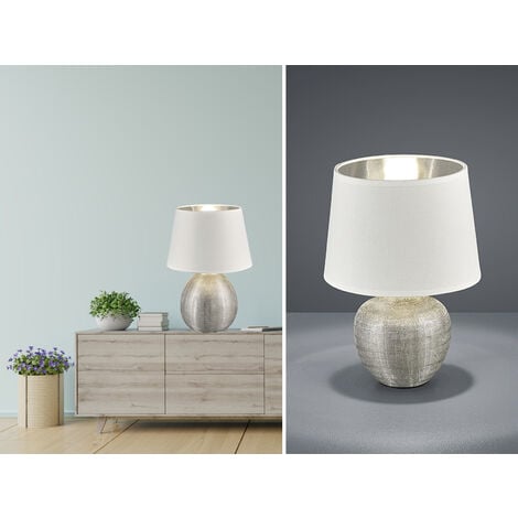 LED Tischleuchte Keramik innen Silber, Stoffschirm Höhe 35cm mit Weiß