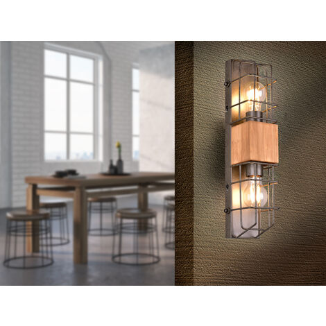 Industrial Wandlampe TINCO 2-flammig mit Gitter und Holz, Höhe 45cm