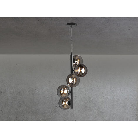 LED Pendelleuchte 5 flammig in Schwarz mit Rauchglas Kugeln lang, Höhe 183cm (1/5)