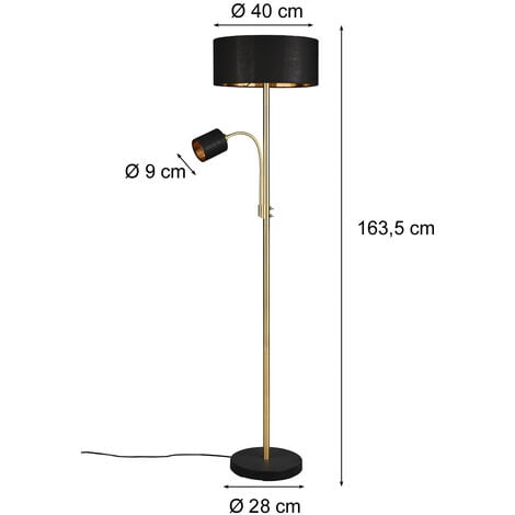 LED Stehleuchte Messing mit Leselicht & Stoffschirm Schwarz, 163cm