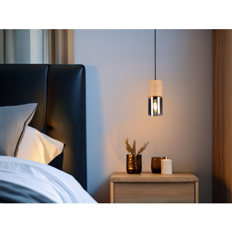 Kleine Pendelleuchte YELLE 1-flammig Lampenschirm Holz & Rauchglas, Ø 10cm