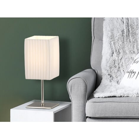 LED Tischleuchte Silber Chrom mit 26cm Weiß, Plissee Stoffschirm Höhe