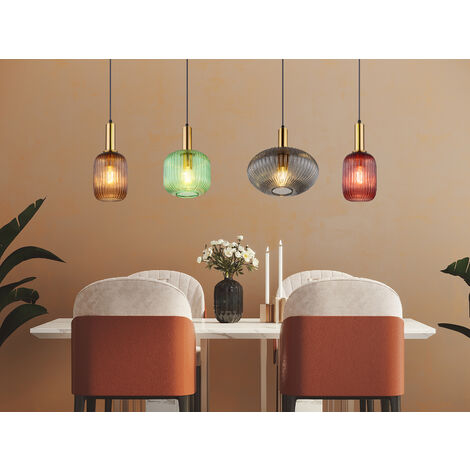 LED Pendelleuchte aus Rillenglas bunt mit 4 Glasschirmen, Breite 115cm