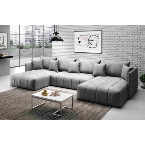 FURNIX U-Form-Sofa ADILY Wohnzimmersofa mit Schlaffunktion und Bettkasten Hellgrau EN45