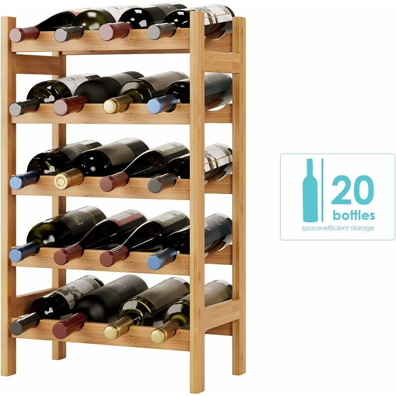 GIZCAM Estante de Vino，Botellero de Bambú de 5 Niveles Estantes para 20 Botellas de Vino Soporte de Pie para Botellas de Vino 43.5x24.6x73 cm