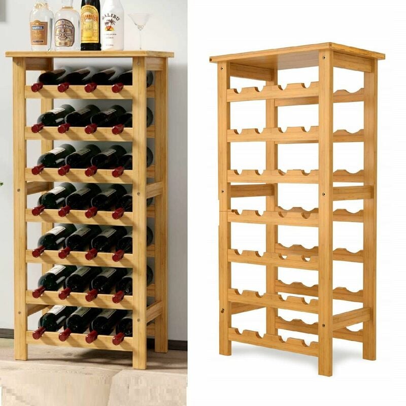 GIZCAM Botellero Bambú, Mueble Botellero para 28 Botellas de Vino, Estantería Bambú Vinos de 7 Niveles, para Bodega, Bar, Cocina, Salón, 47x29x94cm