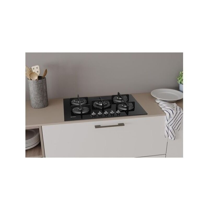 Indesit ING 72T/BK Linea Glass Piano Cottura a Gas 5 Zone 1 High Power  Flame Griglie in Ghisa 73 cm Nero