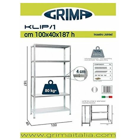 Grima Scaffale Incastro Zincato 5 Ripiani Portata 400kg 100X40X186 Cm