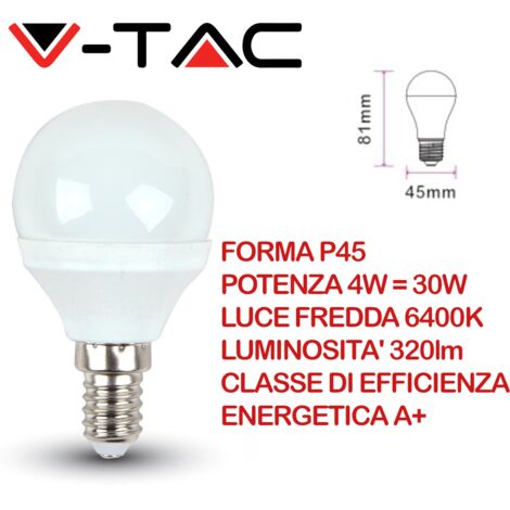 LAMPADINA LED 4W E14 P45 BIANCO FREDDO 6400K - Luce FREDDA