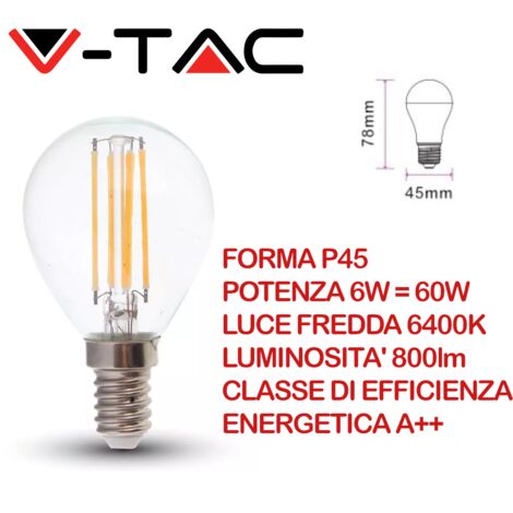LED LAMPADINA 6W FILAMENTO E14 P45 TRASPARENTE 6400K 130LM/W - Luce FREDDA