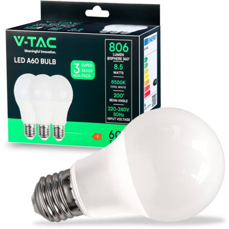 Lampadina led a60 v-tac 217242 vt-1900-n - e27 8,5w 6500k-3pezzi