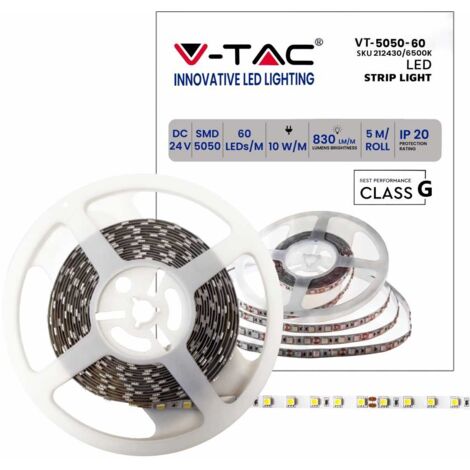 V-TAC VT-5050 Striscia 300LED strip 10W/mt 24V 90LM/W 5050 5M IP20 830lm/mt Bianco freddo 6400K - SKU 212430