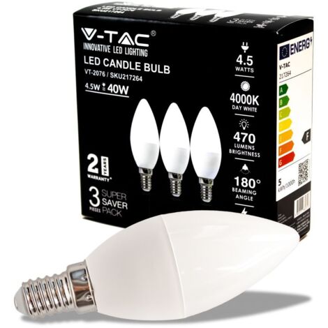 V-TAC VT-2076 SUPER SAVER PACK 3X LAMPADINA LED E14 4.5W CANDLE BULB CANDELA SMD - SKU 217263 / 217264 / 217265 - Colore Luce: Bianco Naturale