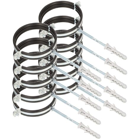 KOTARBAU® 10 pces. Collier de Serrage Tuyau - Acier Galvanisé - 4" - Fixation pour Tube - Collier de Fixation - avec Joint en Caoutchouc - Fixation pour Tube - avec Chevilles - Noir Argenté (1/5)