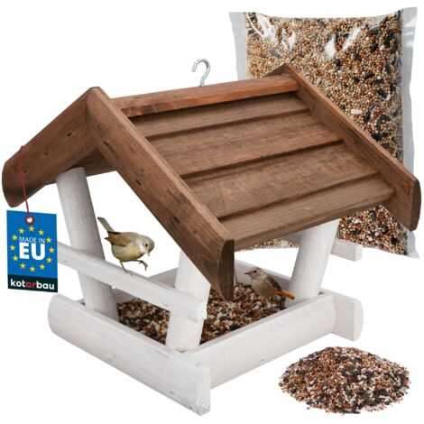 KOTARBAU® Mangeoire à Oiseaux à Suspendre - Bois Naturel - 24x30,5x25,5 cm - avec Toit + 0,5kg De Nourrituremit - Mangeoires pour Oiseaux Sauvages - Blanc & Brun (1/5)