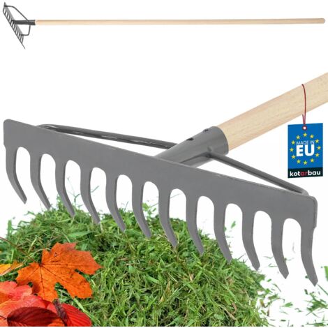 KOTARBAU® Rateau à Feuille - Métal - 31 cm - Râteau Jardin - 12 Dents - avec Manche en Bois - Outil Robuste Pour Entretien Gazon Jardinage - Gris & Naturel (1/5)