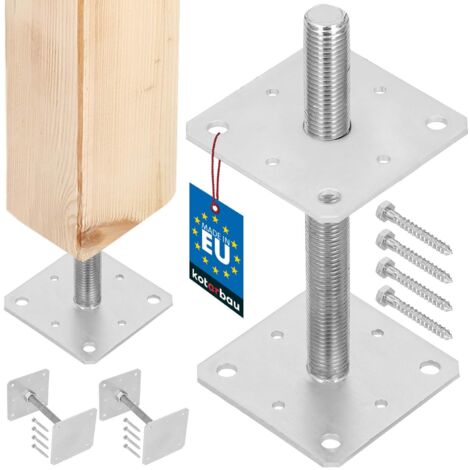 KOTARBAU® 2 pces. Support de Poteau - Acier Galvanisé - 160 x 160 x 250 mm - M24 - Argent - Pied Réglable - Support Poteau Bois - Fixation Robuste Extérieur Intérieur
