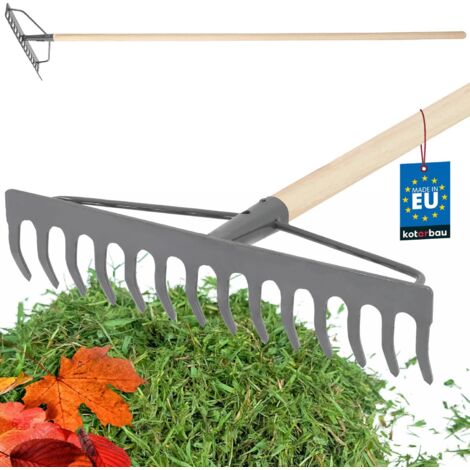 KOTARBAU® Rateau à Feuille - Métal - 36 cm - Râteau Jardin - 14 Dents - avec Manche en Bois - Outil Robuste Pour Entretien Gazon Jardinage - Gris & Naturel (1/5)