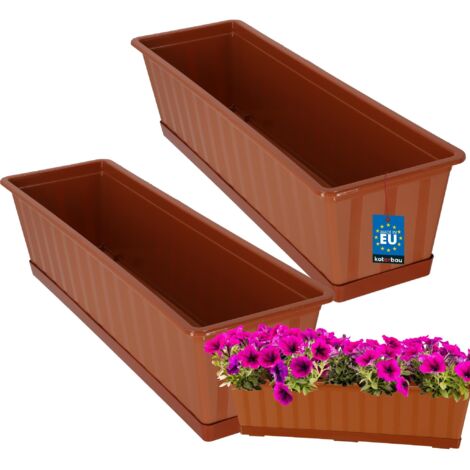 KOTARBAU® Lot de 2 Pot de Fleur Exterieur - Jardinières Exterieur - PVC - 60 x 18 x 14 cm - Terracotta - Jardinière Balcon - Rectangulaire - avec Soucoupe - Bac à Fleurs