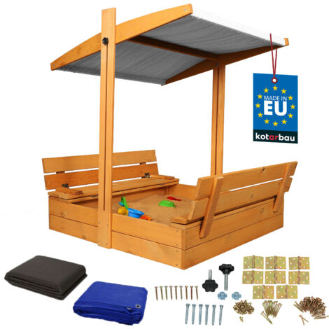 KOTARBAU® Bac à Sable Enfant Extérieur Bois de Pin 100x100 cm Marron Bac à Sable avec Couvercle et Bancs Pliables Protection Solaire avec Toit Gris