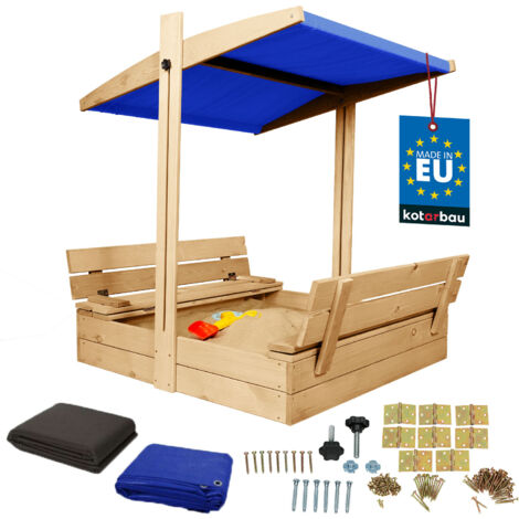 KOTARBAU® Bac à Sable Enfant Extérieur Bois de Pin 100x100 cm Naturel Bac à Sable avec Couvercle et Bancs Pliables Protection Solaire avec Toit Bleu (1/5)