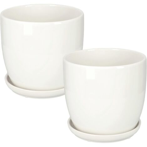 KOTARBAU Lot de 2 pots de fleurs en céramique pour fleurs, plantes, diamètre 20 cm avec bac d'égouttement Blanc