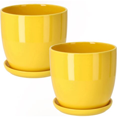 KOTARBAU Lot de 2 pots de fleurs en céramique pour fleurs et plantes - Diamètre : 13 cm - Avec bac d'égouttement - Jaune (1/5)