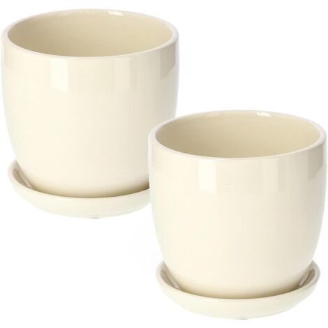 KOTARBAU Lot de 2 pots de fleurs en céramique pour fleurs et plantes - Diamètre : 13 cm - Avec bac d'égouttement - Beige (1/5)