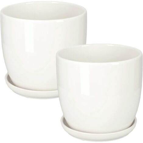 KOTARBAU Lot de 2 pots de fleurs en céramique pour fleurs et plantes Diamètre 13 cm avec bac égouttoir Blanc (1/5)