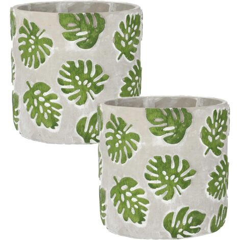 KOTARBAU Lot de 2 pots de fleurs en béton décoratif Motif feuille de fenêtre Monstera 20 cm (1/5)