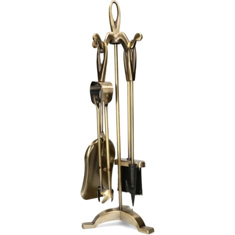 Kotarbau – Serviteur de cheminée 4 pièces en métal laiton poli – Tisonnier, pince et pelle à charbon – Design rétro élégant pour cheminée