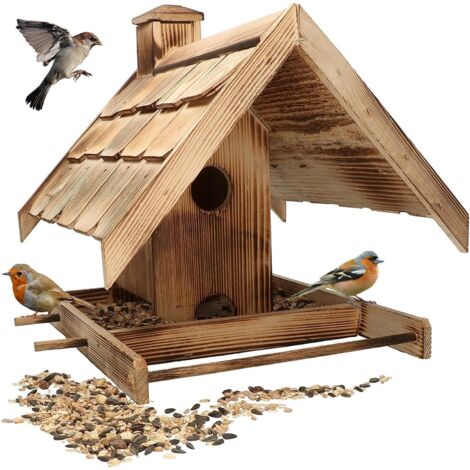 Kotarbau – Mangeoire à oiseaux XL en bois brûlé – Toit incliné pour protection – 290 mm de largeur – 370 mm de hauteur – 0,5 kg de nourriture incluse (1/5)
