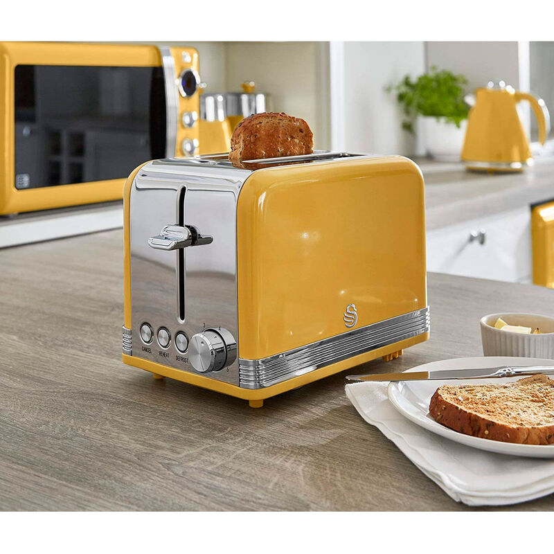 SWAN STP7050YELNEU Retro Set Petit-Déjeuner Bouilloire 1,8L Sans fil, Grille -Pain 2 Larges Tranches 850W Jaune