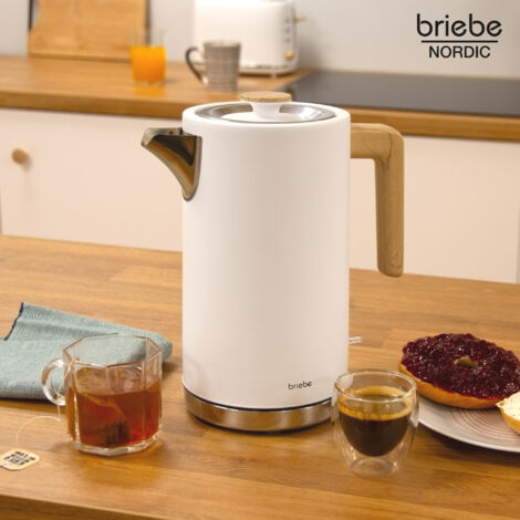 Bollitore Elettrico Briebe 1.7L - 2200W, Design Nordico Effetto Legno, Base 360°, Controller Strix, Grigio Teiera Elettrica Rapida