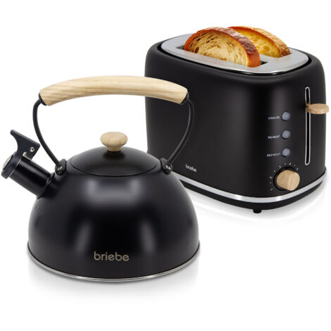 Briebe SKT1177BLK Nordic Ensemble Grille Pain 2 Fentes Larges, Bouilloire Sifflante Induction 2,3L 870W Noir