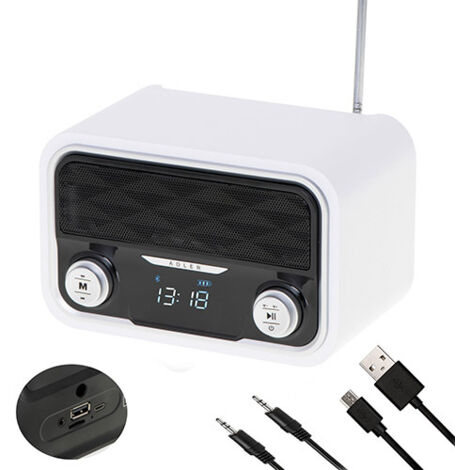 Adler AD1185 Radio Bluetooth, Tuner FM,Lecture MP3, Port USB et carte SD, Sans Fil, Portable Blanc (1/5)
