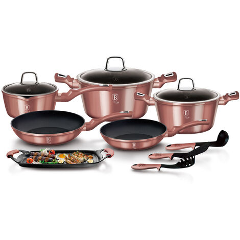 Batterie De Cuisine 12 Pièces Berlinger Haus I-Rose - Induction, Aluminium Antiadhésif Sans PFOA - Rose