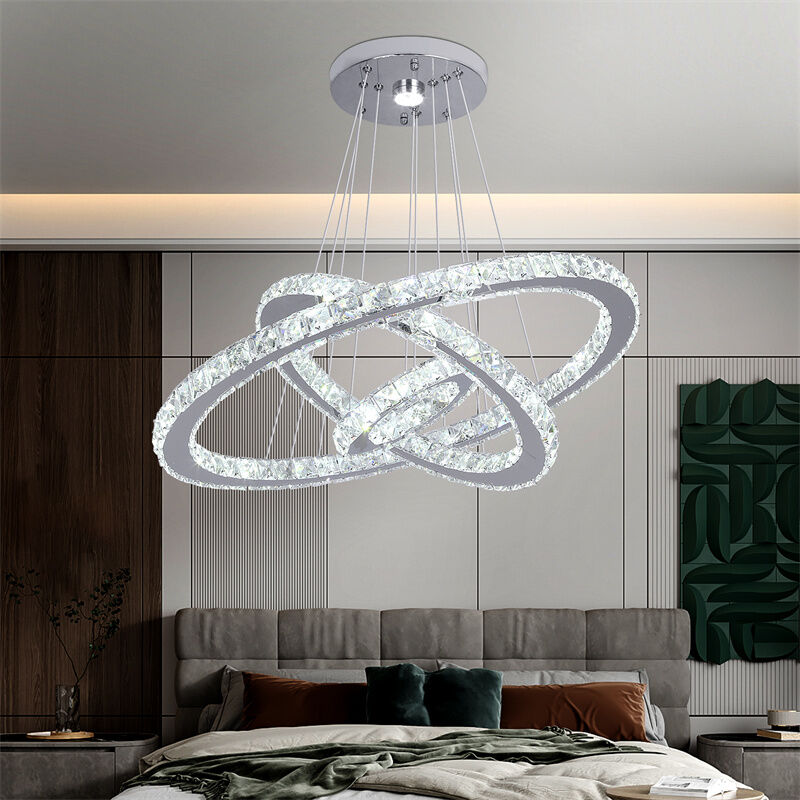 Modern LED Pendant Lights Crystal Chandelier Ceiling Lamp 3Ring 60x40x20cm for Living Colors changeable light