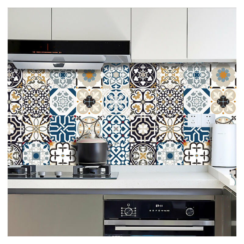PS00206 Decorazione murale in PVC impermeabile mattonelle mosaico stile cementine Azulejos Adesivi per Piastrelle Bagno e Cucina 24 Pz 10x10 cm 