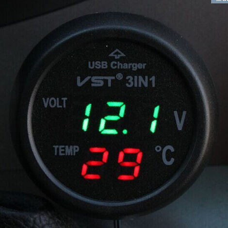 3 in 1 LCD SYN con Caricatore USB da Auto voltmetro per Auto misuratore di Tensione della Batteria Digitale voltmetro e termometro misuratore di Temperatura 