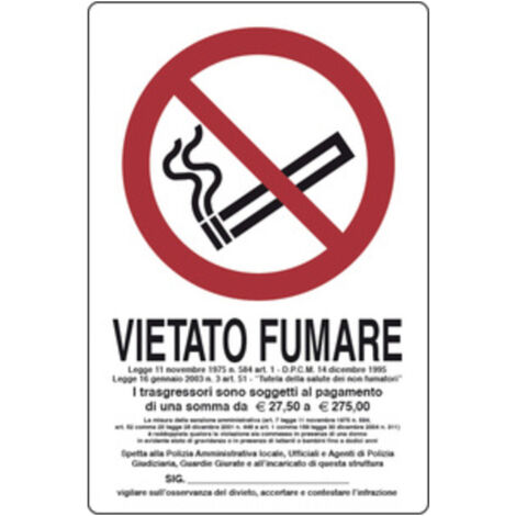 TARGA SEGNALETICA "VIETATO FUMARE L.311/1" 300X200. Prezzo per 1 pezzo. (1/4)