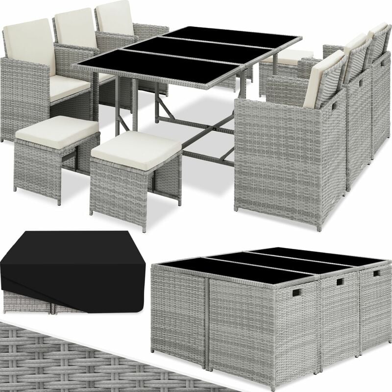 Tectake 800821 Conjunto de muebles mobiliario exterior juego mesa y sillas comedor gris claro 53x53x87 cm 6+4+1 funda impermeable cojines