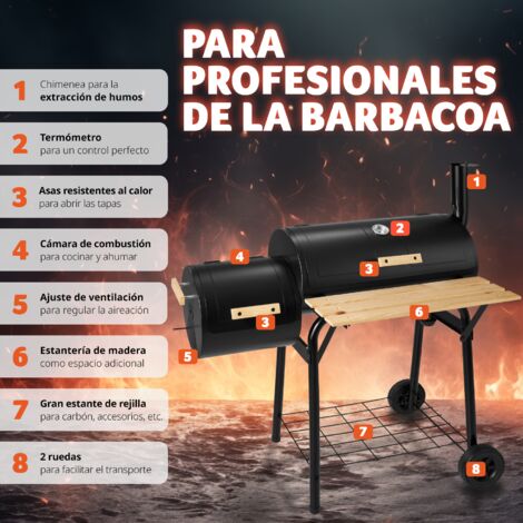 Grill barbacoa para carbón con termómetro - barbacoa portátil con ruedas, barbacoa de carbón con estructura metálica, asador para parrilladas con termómetro