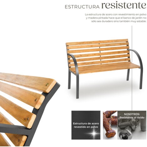 Banco para jardín de madera Micha 62x83cm - banco de exterior para terraza, banquito de madera natural lacada para patio, banca para porche de acero