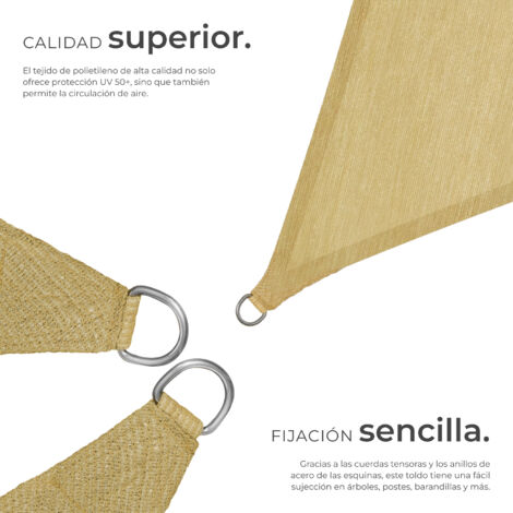 Toldo de polietileno con forma de vela, beige - toldo cuadrangular con cuerdas tensoras, parasol para sombra en jardín con anillas de acero, lona para terraza lavable transpirable - 360 x 360 x 360 cm