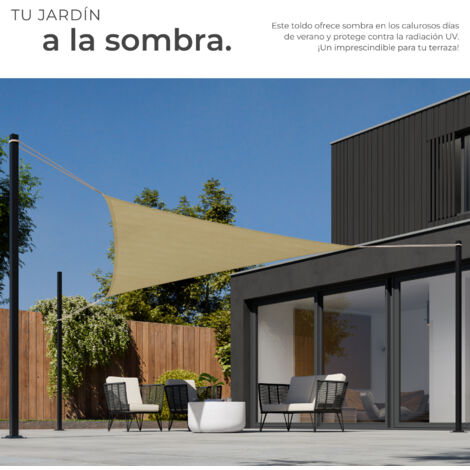 Toldo de polietileno con forma de vela, beige - toldo cuadrangular con cuerdas tensoras, parasol para sombra en jardín con anillas de acero, lona para terraza lavable transpirable - 360 x 360 x 360 cm