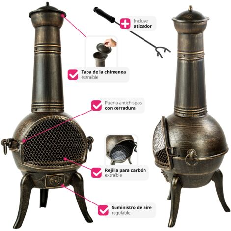 Estufa de leña de hierro fundido para terraza - calefacción a leña con chapa de acero, estufa con puerta de rejilla anti chispas, chimenea con válvula de ventilación