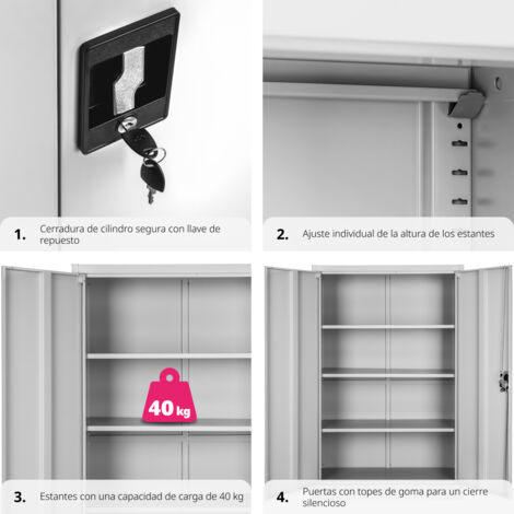 Armario archivador con cierre de seguridad y 4 alturas 140x90x40cm - armario metálico de oficina, mueble archivador de acero con cerradura, armario de metal multiusos