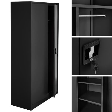 Armario archivador con cierre de seguridad y 6 compartimentos + barra ropero - armario metálico de oficina, mueble archivador de acero con cerradura, armario de metal multiusos - 90 cm